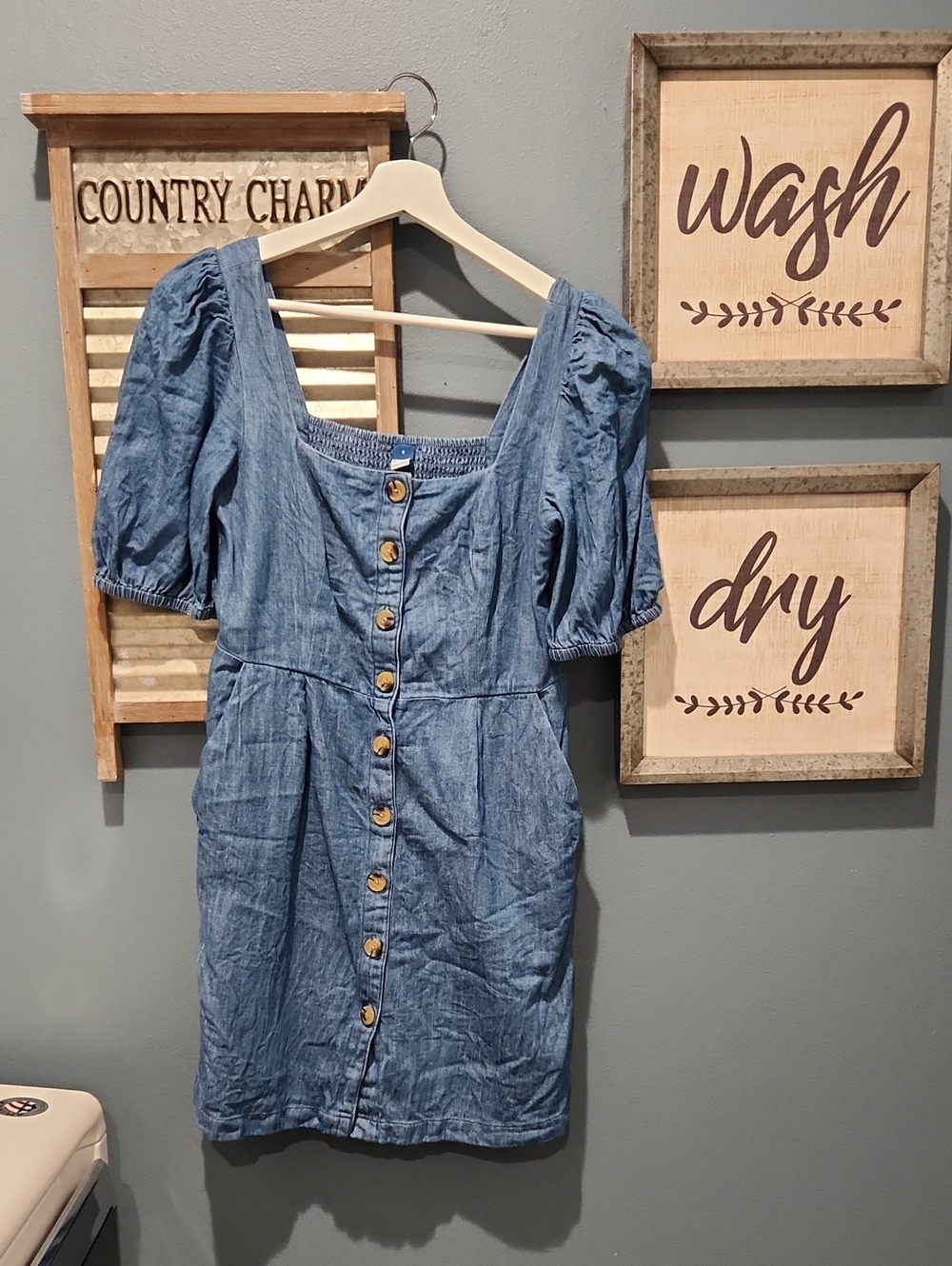 Old Navy Chambray Puff-Sleeve Button-Front Mini Dress - Light Blue